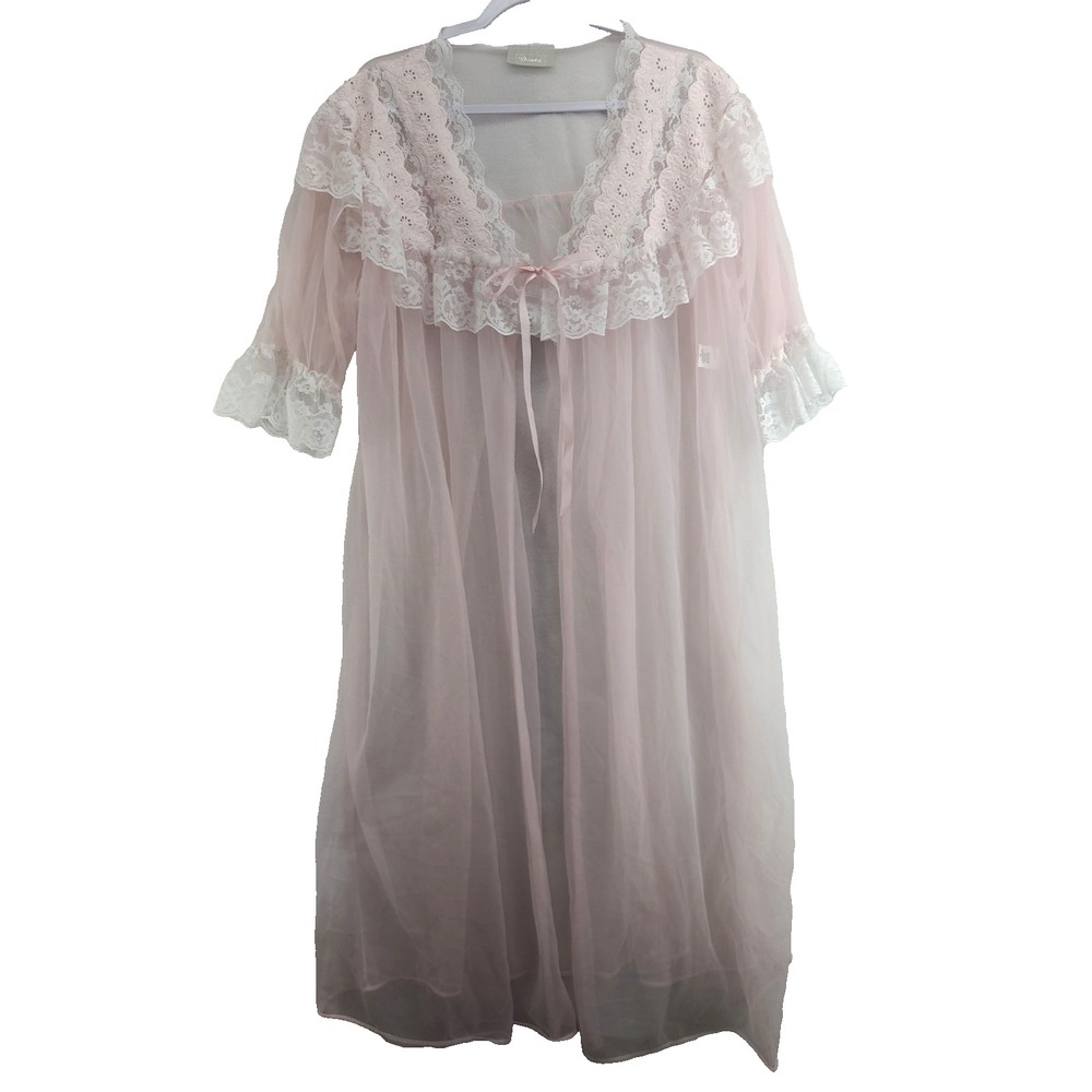 Vintage Pink Chiffon and Lace Peignoir Robe 2X Danni Made in USA